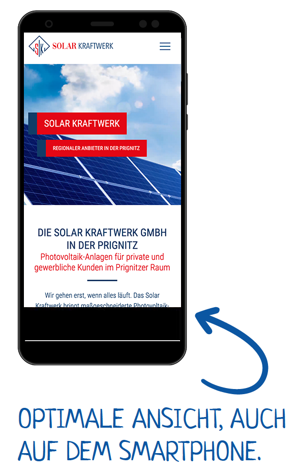 Smartphone mit einer Referenz-Website und dem Hinweis: Optimale Ansicht, auch auf dem Smartphone.